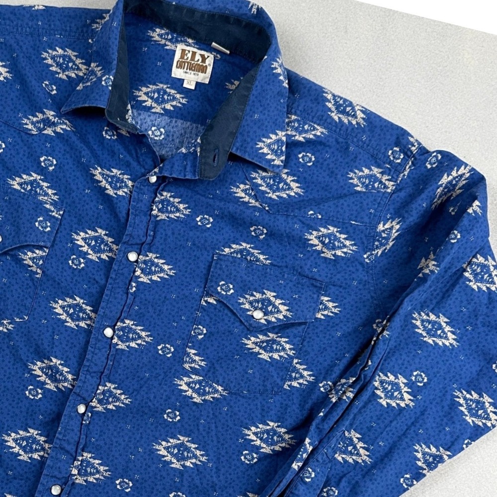 Discontinued Ely Cattleman Western Pearl Snap Shirt Mens XL Blue Aztec Long Slee
